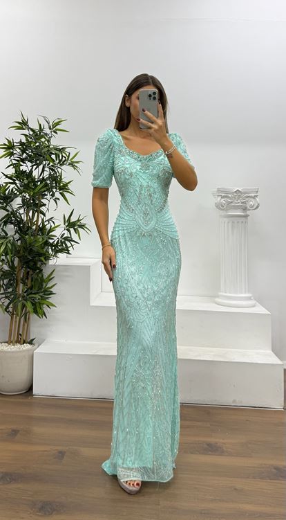 Mint Kısa Kollu Özel El İşlemesi Abiye Elbise