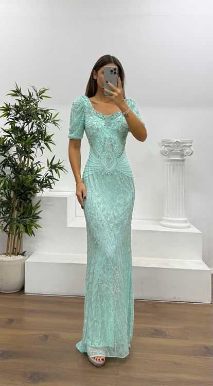 Mint Kısa Kollu Özel El İşlemesi Abiye Elbise