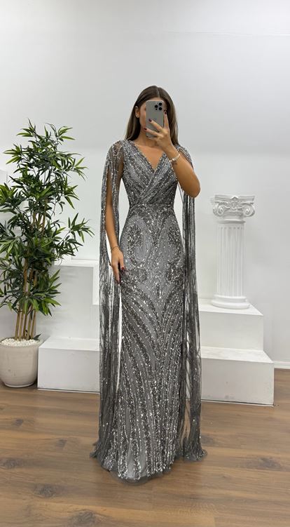 Antrasit Sırt Detay Özel El İşlemesi Abiye Elbise