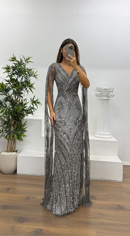 Antrasit Sırt Detay Özel El İşlemesi Abiye Elbise