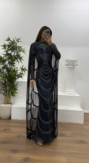 Lacivert Pelerin Detay Özel El İşlemesi Abiye Elbise