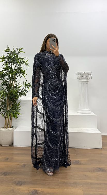 Lacivert Pelerin Detay Özel El İşlemesi Abiye Elbise