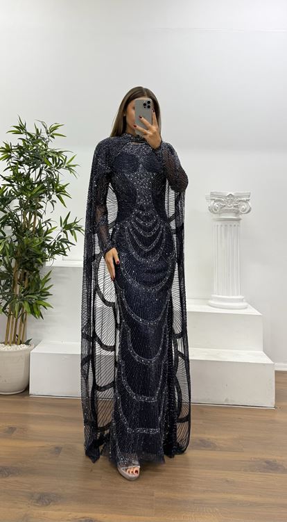 Lacivert Pelerin Detay Özel El İşlemesi Abiye Elbise