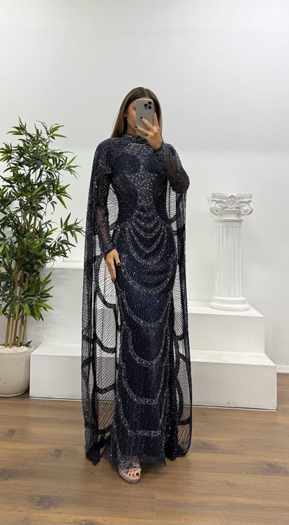 Lacivert Pelerin Detay Özel El İşlemesi Abiye Elbise