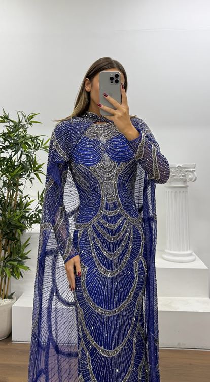 Saks Pelerin Detay Özel El İşlemesi Abiye Elbise