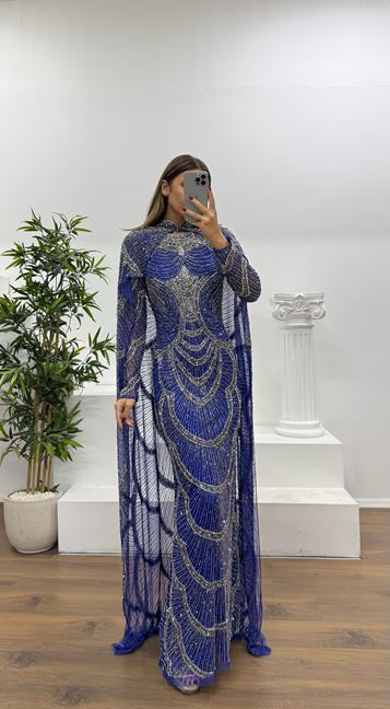 Saks Pelerin Detay Özel El İşlemesi Abiye Elbise