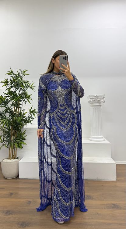 Saks Pelerin Detay Özel El İşlemesi Abiye Elbise