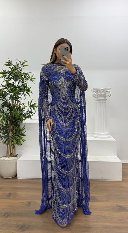 Saks Pelerin Detay Özel El İşlemesi Abiye Elbise