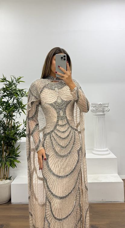 Somon Pelerin Detay Özel El İşlemesi Abiye Elbise