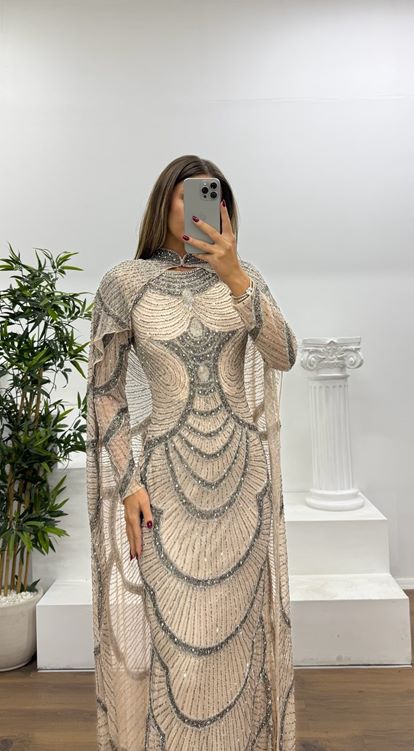 Somon Pelerin Detay Özel El İşlemesi Abiye Elbise