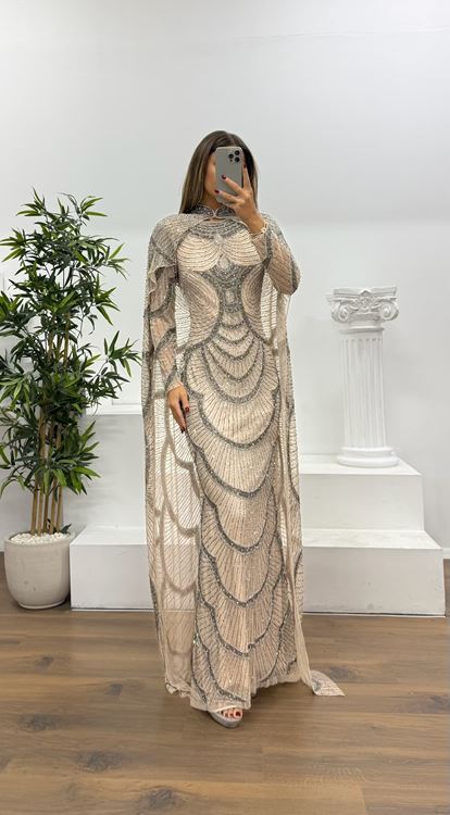 Somon Pelerin Detay Özel El İşlemesi Abiye Elbise