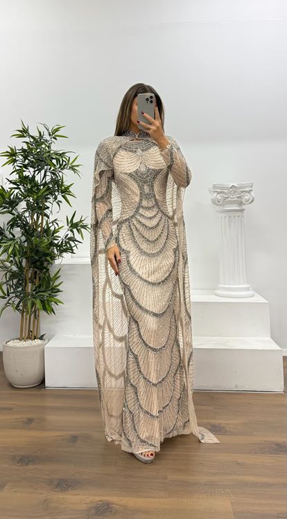 Somon Pelerin Detay Özel El İşlemesi Abiye Elbise