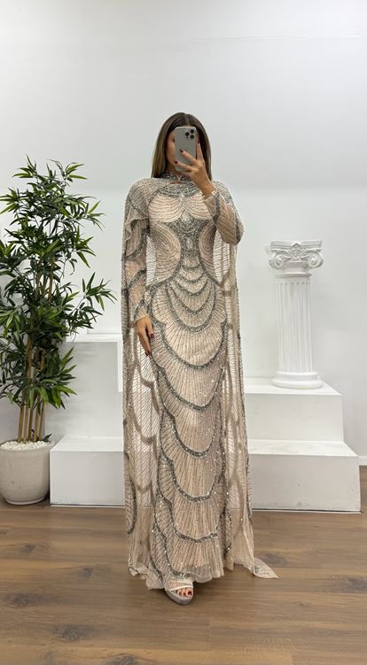 Somon Pelerin Detay Özel El İşlemesi Abiye Elbise