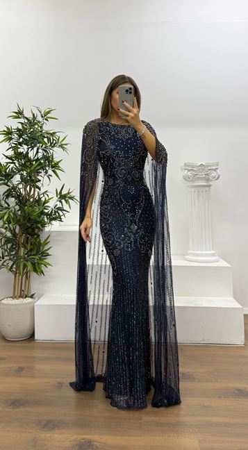 Lacivert Pelerin Detay Özel El İşlemesi Abiye Elbise