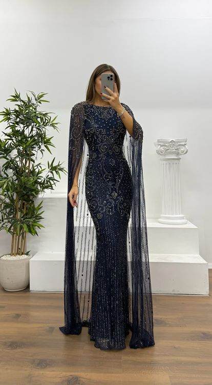 Lacivert Pelerin Detay Özel El İşlemesi Abiye Elbise