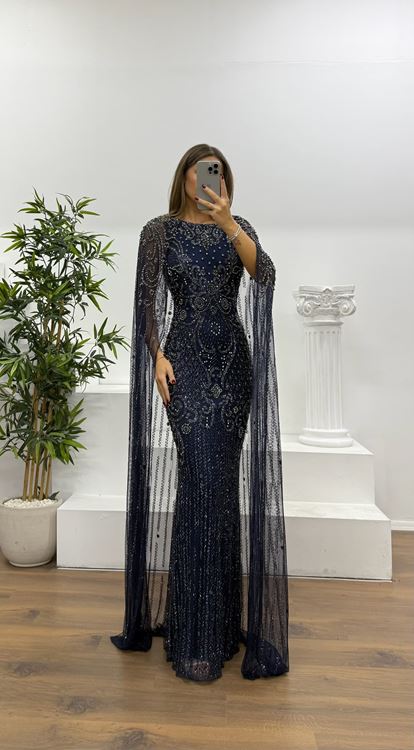 Lacivert Pelerin Detay Özel El İşlemesi Abiye Elbise