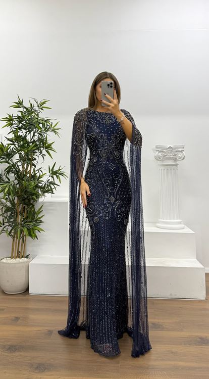 Lacivert Pelerin Detay Özel El İşlemesi Abiye Elbise