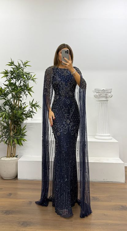 Lacivert Pelerin Detay Özel El İşlemesi Abiye Elbise