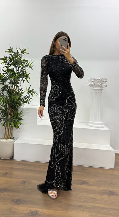 Siyah-Antrasit Uzun Kollu Özel El İşlemesi Abiye Elbise