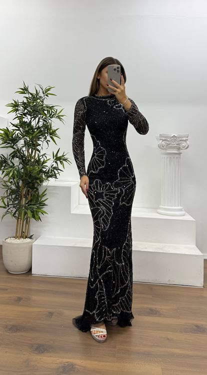 Siyah-Antrasit Uzun Kollu Özel El İşlemesi Abiye Elbise