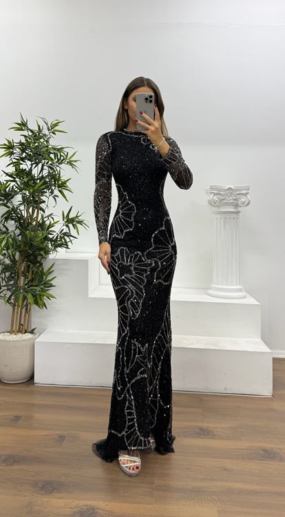 Siyah-Antrasit Uzun Kollu Özel El İşlemesi Abiye Elbise