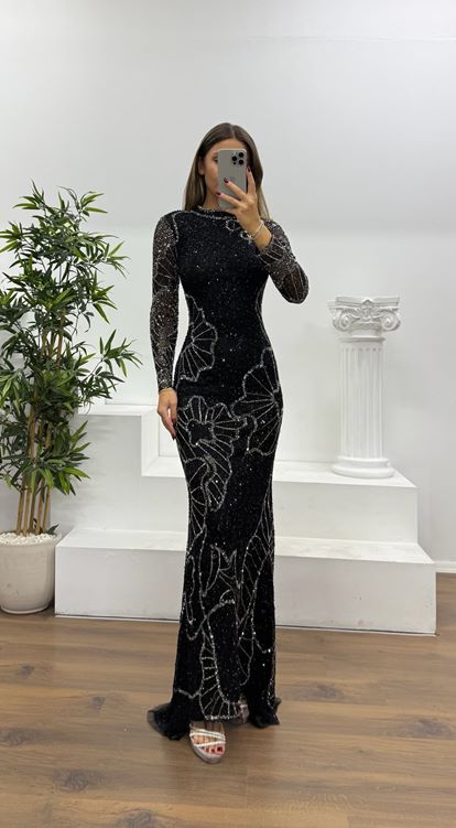 Siyah-Antrasit Uzun Kollu Özel El İşlemesi Abiye Elbise