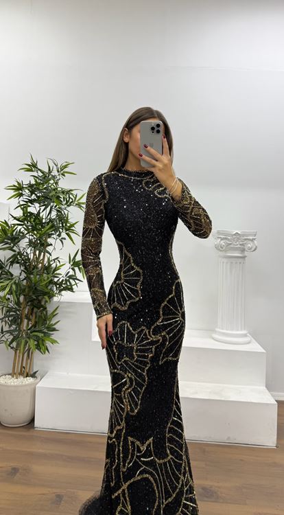 Siyah-Gold Uzun Kollu Özel El İşlemesi Abiye Elbise