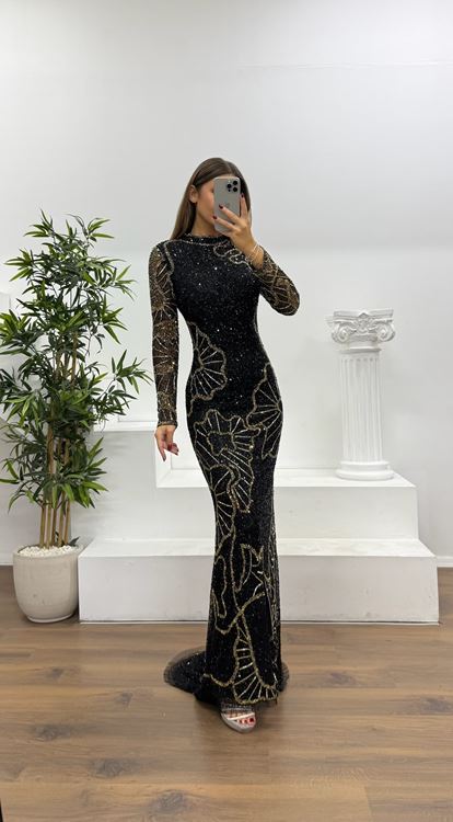 Siyah-Gold Uzun Kollu Özel El İşlemesi Abiye Elbise