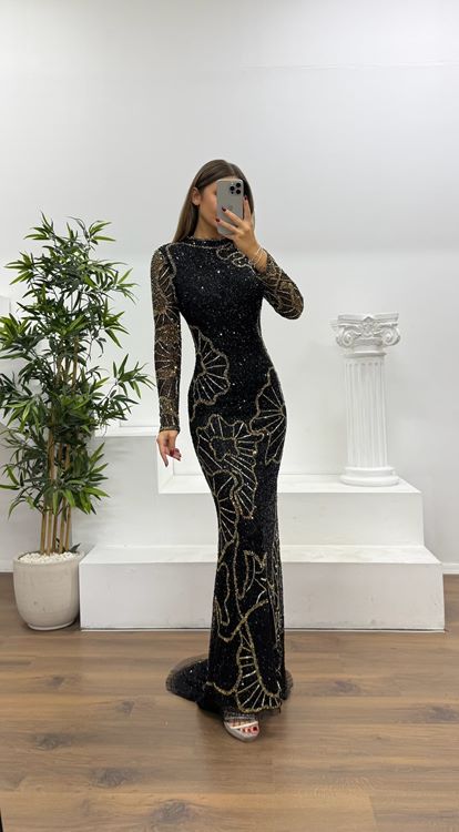 Siyah-Gold Uzun Kollu Özel El İşlemesi Abiye Elbise