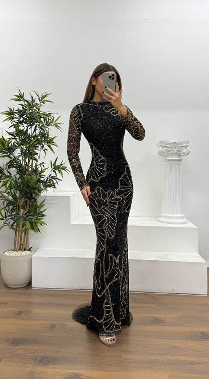 Siyah-Gold Uzun Kollu Özel El İşlemesi Abiye Elbise