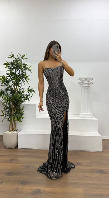 Siyah-Antrasit Straplez Özel El İşlemesi Abiye Elbise