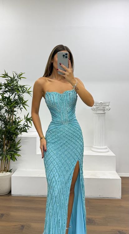 Mavi Straplez Özel El İşlemesi Abiye Elbise