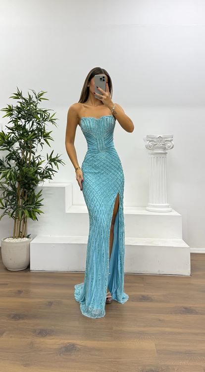 Mavi Straplez Özel El İşlemesi Abiye Elbise