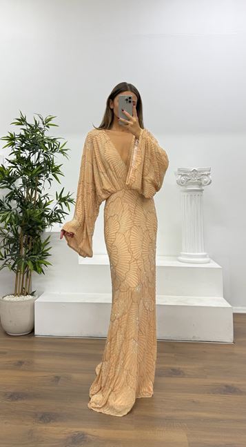 Somon Yarasa Kol Özel El İşlemesi Abiye Elbise