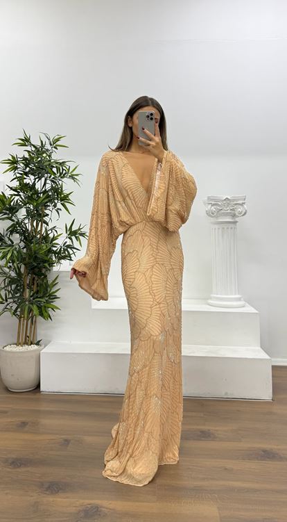 Somon Yarasa Kol Özel El İşlemesi Abiye Elbise