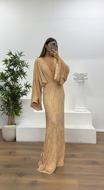 Somon Yarasa Kol Özel El İşlemesi Abiye Elbise