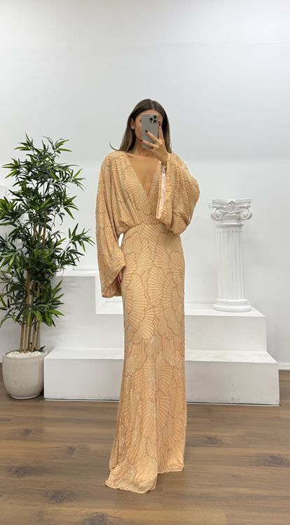 Somon Yarasa Kol Özel El İşlemesi Abiye Elbise