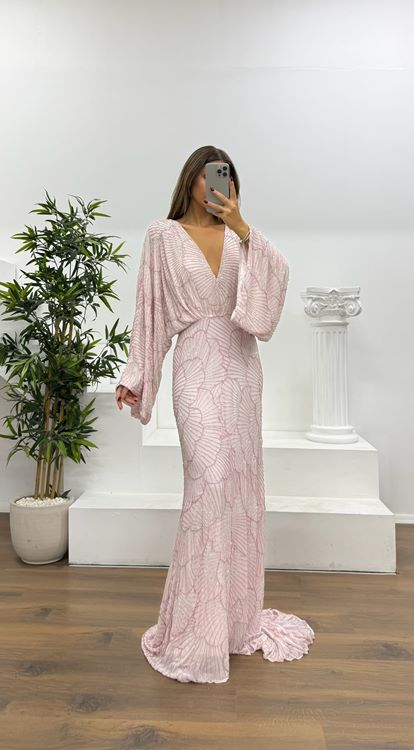 Pembe Yarasa Kol Özel El İşlemesi Abiye Elbise