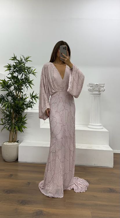 Pembe Yarasa Kol Özel El İşlemesi Abiye Elbise
