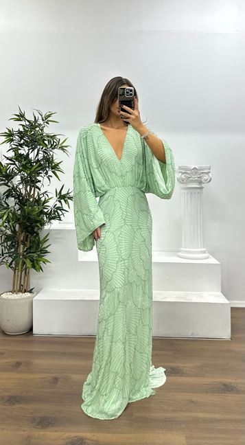 Mint Yarasa Kol Özel El İşlemesi Abiye Elbise