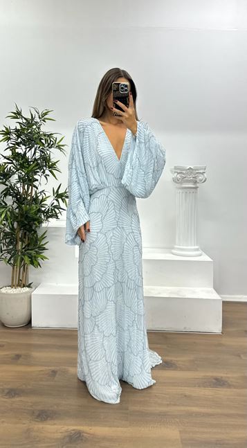 Mavi Yarasa Kol Özel El İşlemesi Abiye Elbise