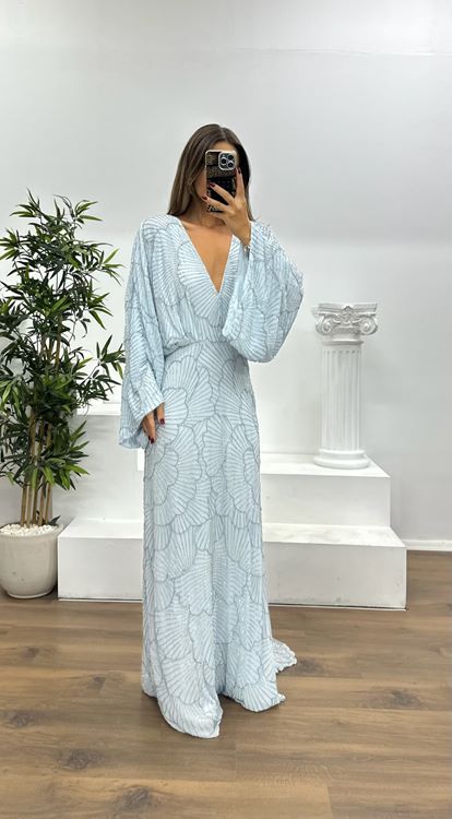 Mavi Yarasa Kol Özel El İşlemesi Abiye Elbise