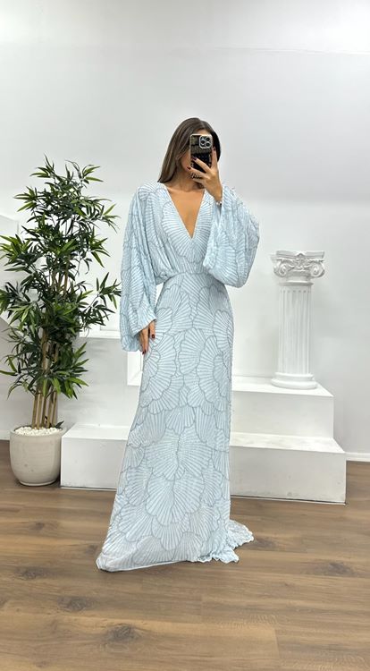 Mavi Yarasa Kol Özel El İşlemesi Abiye Elbise