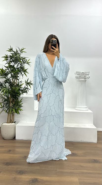 Mavi Yarasa Kol Özel El İşlemesi Abiye Elbise