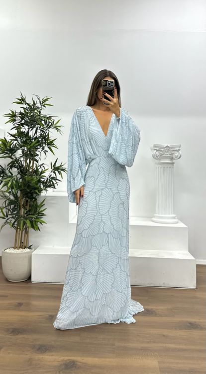 Mavi Yarasa Kol Özel El İşlemesi Abiye Elbise