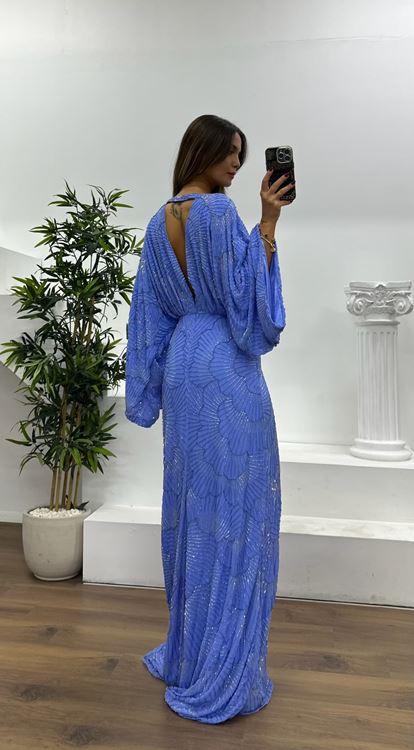 Lila Yarasa Kol Özel El İşlemesi Abiye Elbise