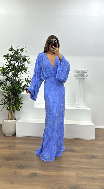 Lila Yarasa Kol Özel El İşlemesi Abiye Elbise