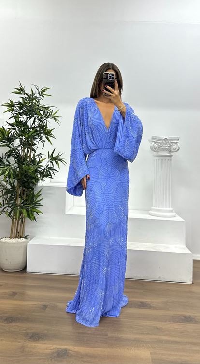 Lila Yarasa Kol Özel El İşlemesi Abiye Elbise