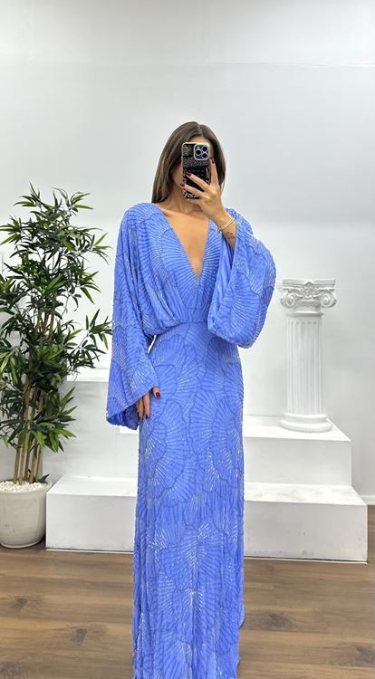 Lila Yarasa Kol Özel El İşlemesi Abiye Elbise