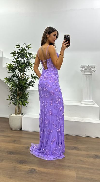 Lila İp Askılı Sırt Detay Özel El İşlemesi Abiye Elbise